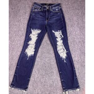Judy Blue Jeans Womens Size 1 Straight Fit Distressed Raw Hem Dark Wash